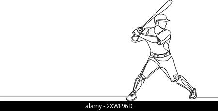 continuous single line drawing of baseball batter, line art vector illustration Stock Vector
