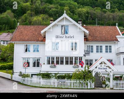 Traditional wooden Uten Hotel, village Utne, Hardangerfjord, Hardanger, Norway Stock Photo