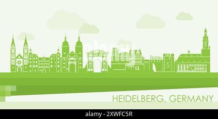 Green Skyline panorama of city of Heidelberg, Germany - vector illustration Stock Vector