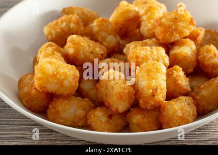 A closeup view of a bowl of deep fried tater tots. Stock Photo