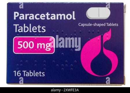 Pack of Paracetamol tablets 500mg isolated on white background - capsule shaped tablets Stock Photo