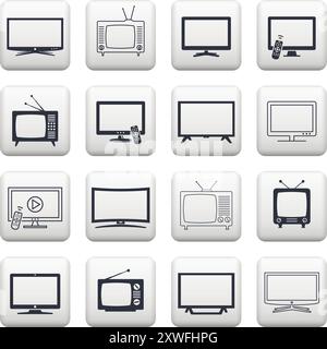 Modern and Retro TV icons on gray buttons. Vector illustration. Stock Vector