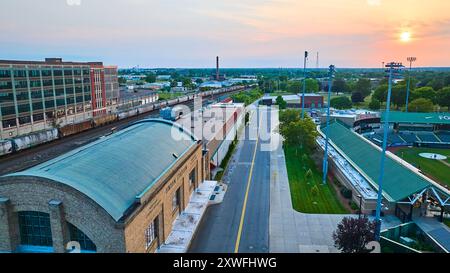 Aerial View of Union Station Railway and Parkwood Field at Golden Hour Stock Photo