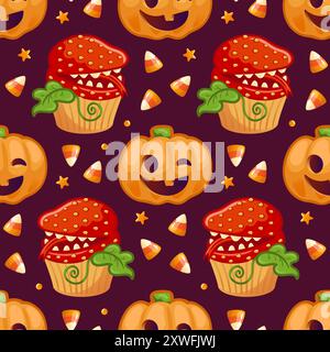 A lively and fun Halloween pattern showcasing delightful cupcakes, cheerful pumpkins, and colorful, festive candy corn Stock Vector