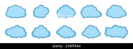 Set of clouds in different shapes in blue color on white background. Clouds vector set. Vector illustration. Stock Vector