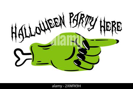 An entertaining and spooky Halloween graphic that features a green hand dramatically pointing at a party invitation Stock Vector