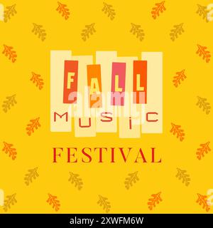 Fall Music Festival vector design element. Colorful autumn falling leaves foliage background. Piano keyboard cute cartoon. Autumn Fall season Fest Stock Vector