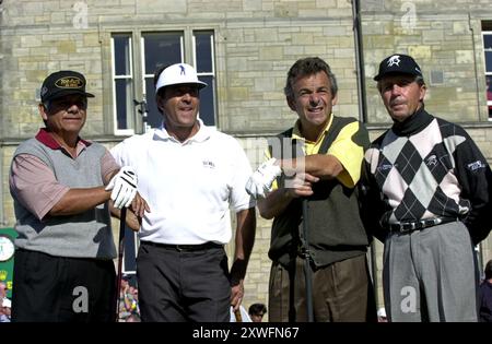 British Open Golf tournament at St Andrews 2000. Past champions LtoR  Lee Trevino, Seve Ballestros, Tony Jacklin and Gary Player. Stock Photo