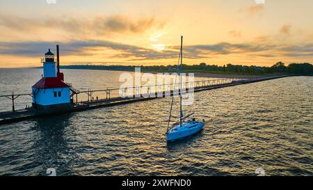 Aerial View of St Joseph Lighthouse and Sailboat at Sunset Stock Photo