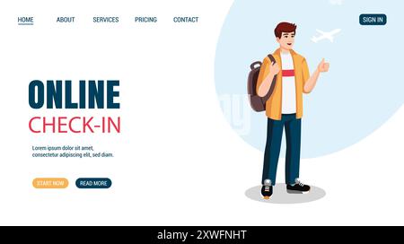 Young man with backpack showing thumbs up. Online check in concept. Vector. Time to travel website, web page. Stock Vector