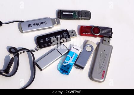 Old usb sticks. Brands such as Sitecom, Philips and Sandisk. White background. Netherlands, August Stock Photo