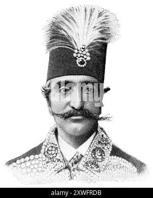 Asian peoples. Portrait of Persian monarch, Naser al-Din Shah Qajar. The Persians are an Iranian ethnic group. Publication of the 'Meyers encyclopedia', Vol. 7, Leipzig, Germany, 1910. Stock Photo