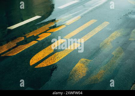 Bus Stop road marking on a rainy day in Novi Sad, Serbia. Selective focus. Stock Photo