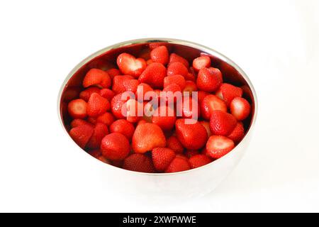 Red strawberries in stainless steel bowl on white background Stock Photo