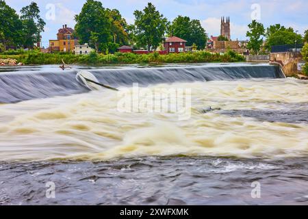 Flowing River Over Weir with Small Town Backdrop Eye-Level Perspective Stock Photo