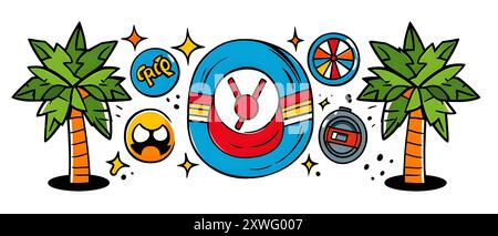 Vector Graphic of Palm Trees, Lifebuoy, Angry Face and Wheel of Fortune Stock Vector