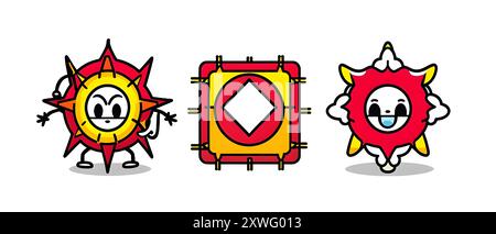 Three Red and Yellow Cartoon Sun Characters Stock Vector