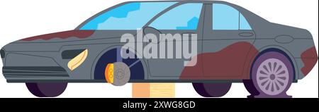 Old dirty damaged car in auto maintenance service isolated on white background Stock Vector