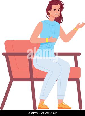Woman sit and chair and talking. Tv show host isolated on white background Stock Vector