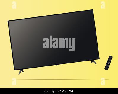 TV screen with remote control floated on yellow background. Vector illustration. Stock Vector