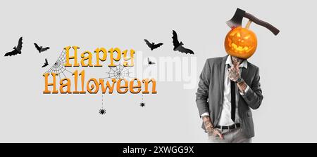 Tattooed businessman with carved pumpkin instead of his head on light background. Banner for Halloween Stock Photo