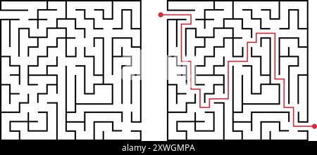 Labyrinth game way. Square maze, simple logic game with labyrinths way. How to find out quiz, finding exit path rebus or logic labyrinth challenge Stock Vector