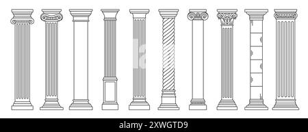 Line Greek pillars and Roman columns, ancient architecture and antique buildings, vector icons. Greece or Rome architecture column pillars of marble stone in line art with pilasters and ornate cornice Stock Vector