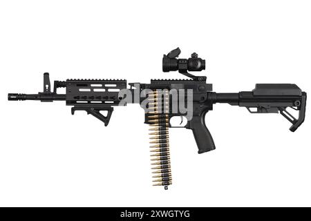 Carbine with belt-fed upper receiver that convert AR-15 or M16 from a standard, magazine rifle to light machine gun. Isolated on a white background Stock Photo