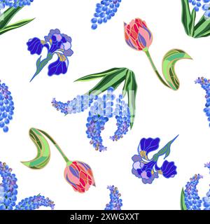 Seamless floral pattern with muscari, tulips, and irises, vector illustration Stock Vector