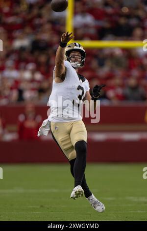 August 18, 2024; Santa Clara, CA, USA;  New Orleans Saints quarterback Jake Haener (3) throws the football during the fourth quarter against the San F Stock Photo