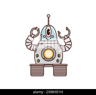 Cartoon robot retro groovy character or alien space robotic bot on wheels, vector android machine. Groovy retro cartoon robot of funky cyborg droid on wheels with funny cute smile and mechanical arms Stock Vector
