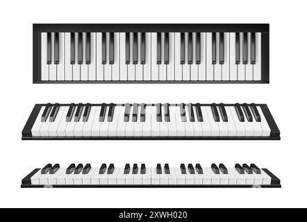 Realistic piano keyboard with keys, synthesizer or music instrument, vector isolated 3D object. Realistic piano or electronic musical instrument of jazz and classic music with top and 45 degree view Stock Vector