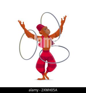 Circus monkey juggler character with rings on funfair carnival, cartoon vector. Circus performer animal, funny monkey in hat juggling rings for kids circus or funfair carnival cartoon character Stock Vector