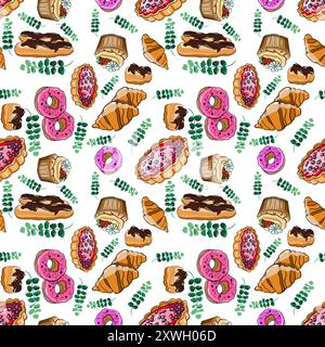 Seamless vector pattern with pie, donuts, eclairs, and croissants with branch of eucalyptus Stock Vector