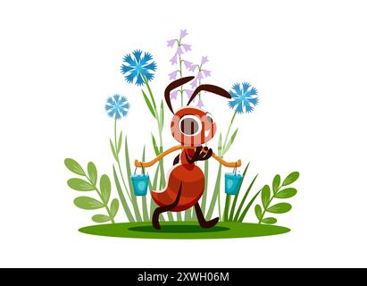 Cartoon ant character carries a water. Cute vector insect, cheerful and lively pest personage carrying two buckets of water hanging on the balance beam at summer meadow with flowers and lush grass Stock Vector