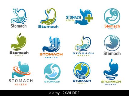 Stomach medical icons. Digestion health care, digestive tract or gastrointestinal system organ vector symbols of gastroenterology medicine. Stomach and gut silhouettes with intestinal gas bubbles Stock Vector