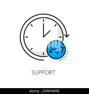 24 7 support color line icon of logistics, delivery, shipping and cargo carriage service. Vector outline clock dial with open hours, 24 7 customer assistance work time symbol of watch with round arrow Stock Vector