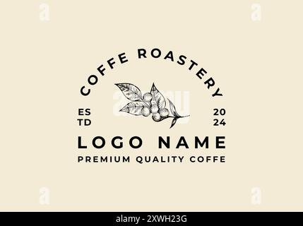 Logo Branch of coffee tree. Handrawn, vintage, old, boho logo design. Editable color Stock Vector