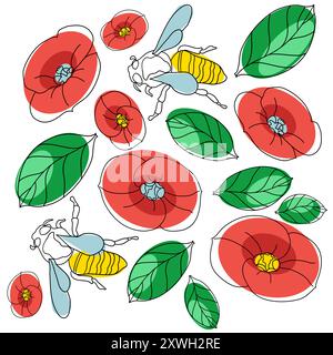 Vector illustration with red flowers, green leaves, and bees in flat technique on a white background Stock Vector