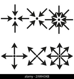 Arrow icons in radial patterns. Black directional arrows. Geometric and abstract design. Vector illustration. Stock Vector