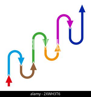 Colorful arrow chart. Curved upward arrows. Multi-directional flow. Vector progress symbol. Stock Vector