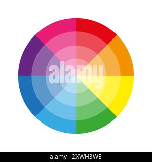 Color wheel illustration. Bright segmented circle. Rainbow spectrum design. Gradient blending effect. Stock Vector