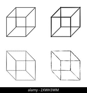 Geometric cube icons. Different cube styles. Vector 3D shapes. Black outline design. Stock Vector