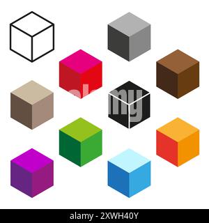 Isometric cube icons. Colorful 3D shapes. Geometric design set. Vector abstract collection. Stock Vector