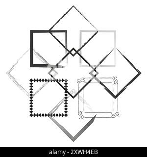 Geometric square frames set. Various abstract square shapes overlap. Rough and clean line styles. Dynamic vector composition. Stock Vector