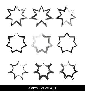Grunge star icons. Distressed starburst shapes. Abstract eight-pointed outlines. Black and white vector set. Stock Vector