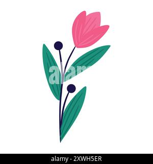 Simple, stylized tulip with green leaves and dark blue accents. Perfect for minimalist designs, branding, and social media graphics. Stock Vector