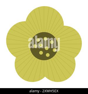 A simple stylized yellow flower with four rounded petals and a dark brown center filled with small yellow dots. Floral and decorative design illustrat Stock Vector