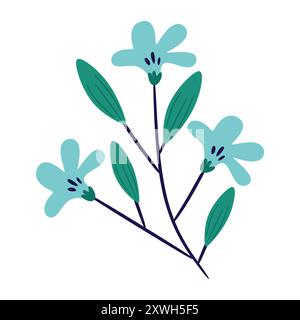 A trio of delicate, blue flowers with pointed petals and dark centers, gracefully arranged on a slender stem with elongated, green leaves. Stock Vector