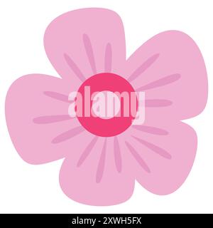 A simple, stylized pink flower with five rounded petals and a large, concentric circle center in shades of pink and red. Floral and decorative design Stock Vector
